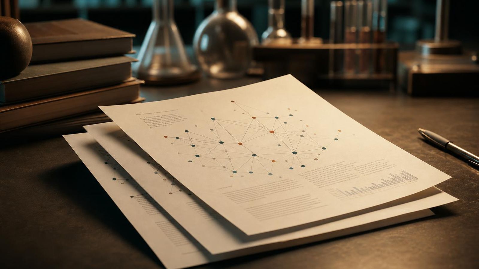 A shelf of paper cards in a soft warm room with a small graph diagram on the wall